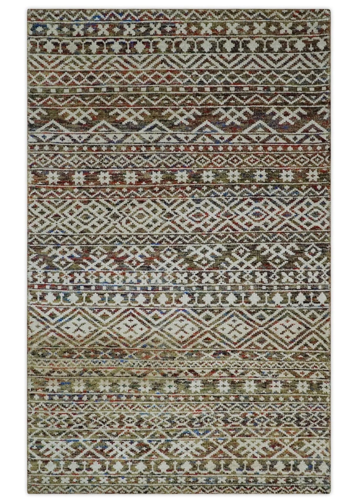 5x8 Hand Knotted Ivory, Olive and Rust Modern Contemporary Recycled Silk Area Rug
