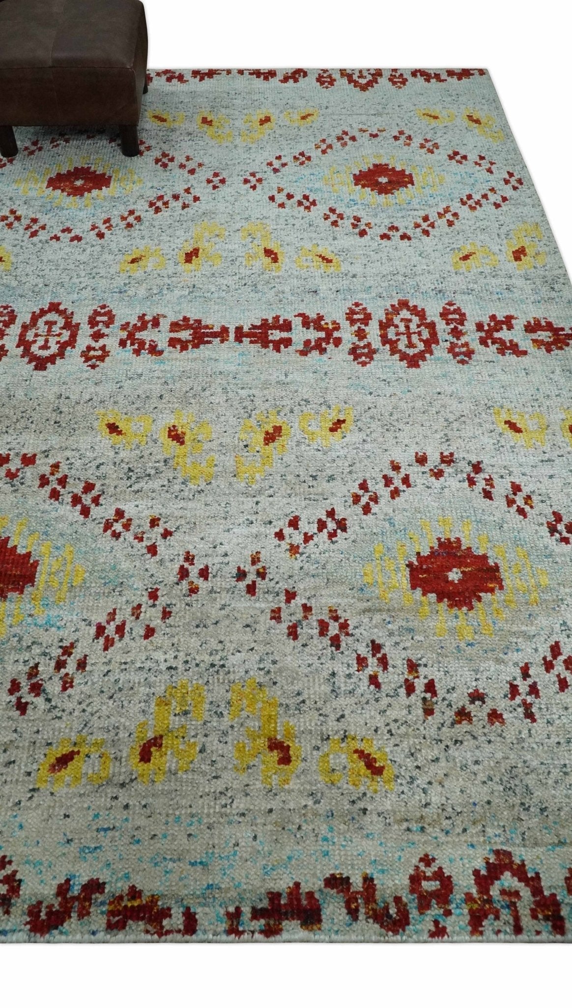 5x8 Hand Knotted Ivory, Red and Yellow Recycled Silk Area Rug
