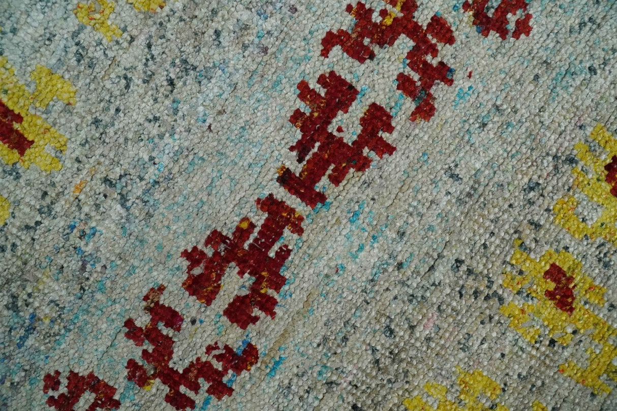 5x8 Hand Knotted Ivory, Red and Yellow Recycled Silk Area Rug