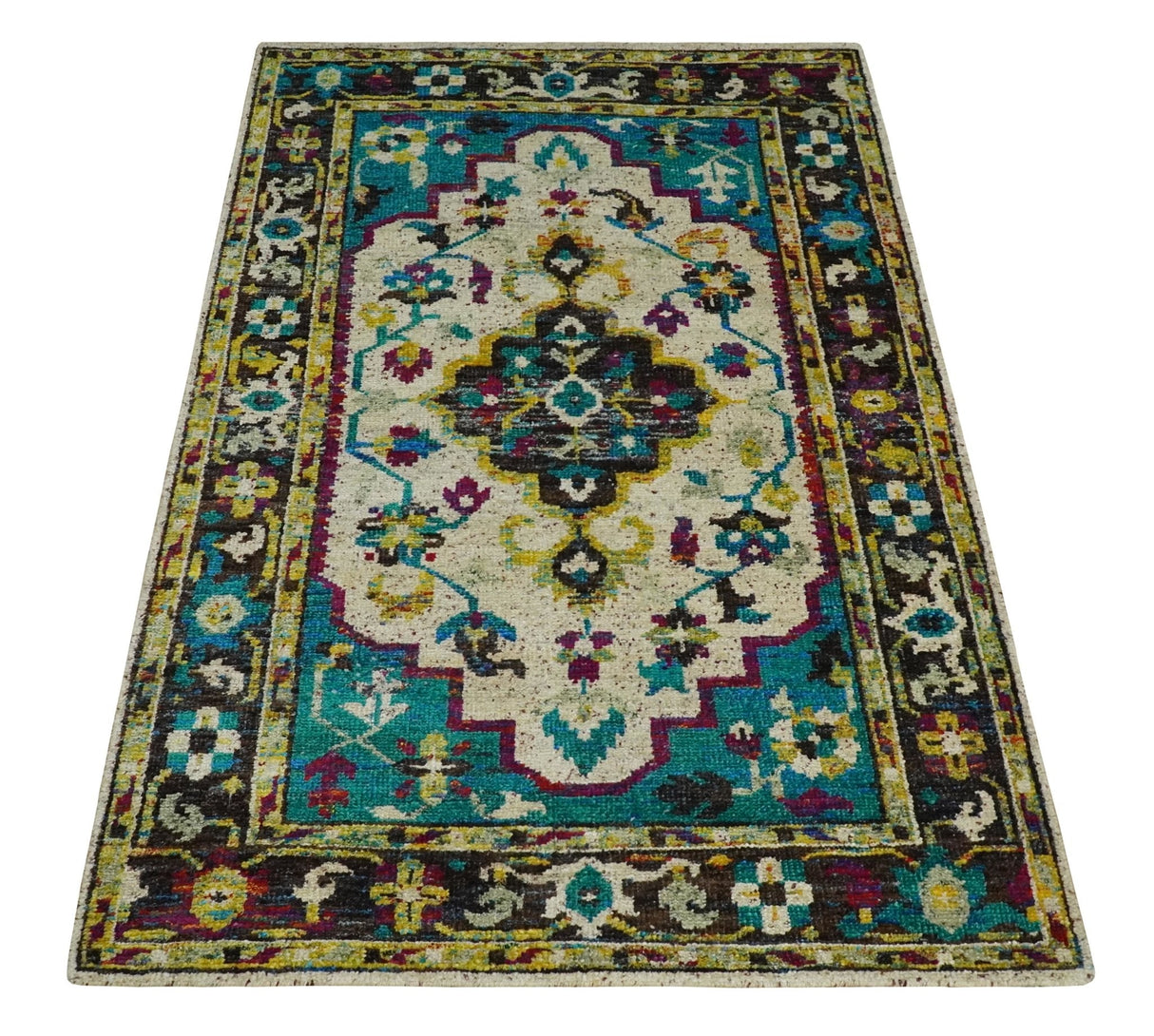 5x8 Hand Knotted Ivory, Teal Blue and Brown Antique Persian Style Bamboo Silk Area Rug
