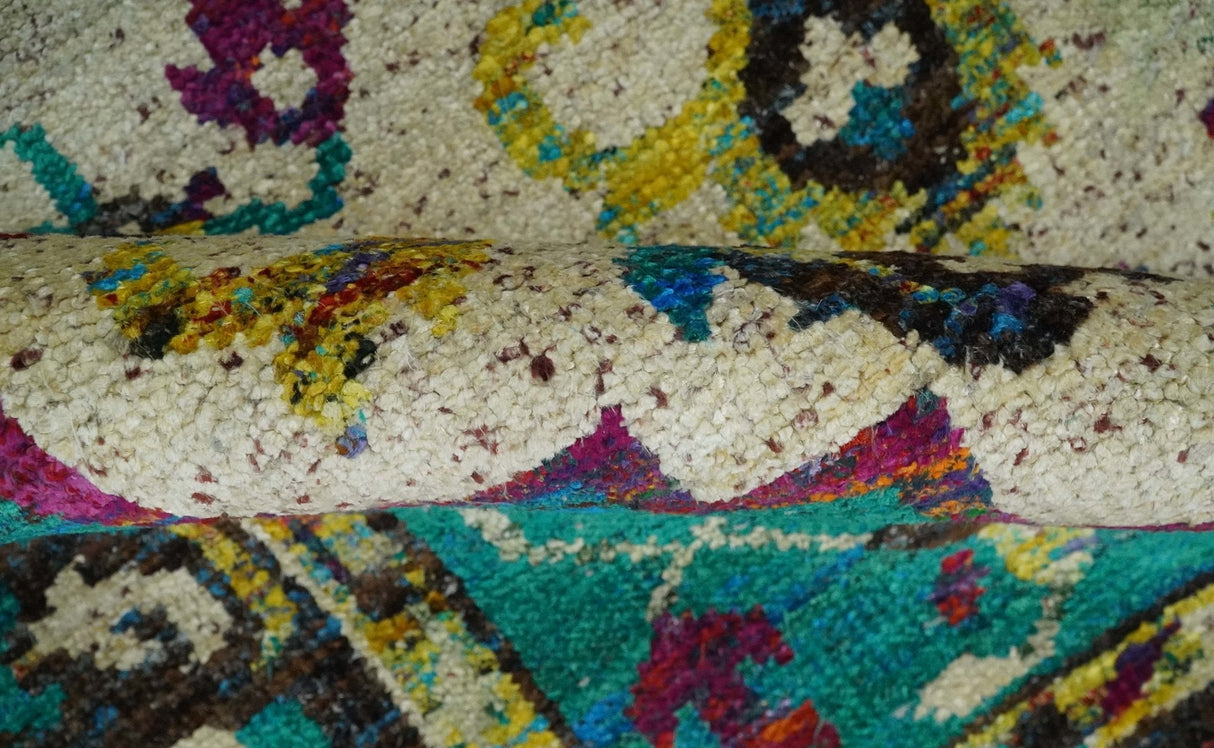 5x8 Hand Knotted Ivory, Teal Blue and Brown Antique Persian Style Bamboo Silk Area Rug