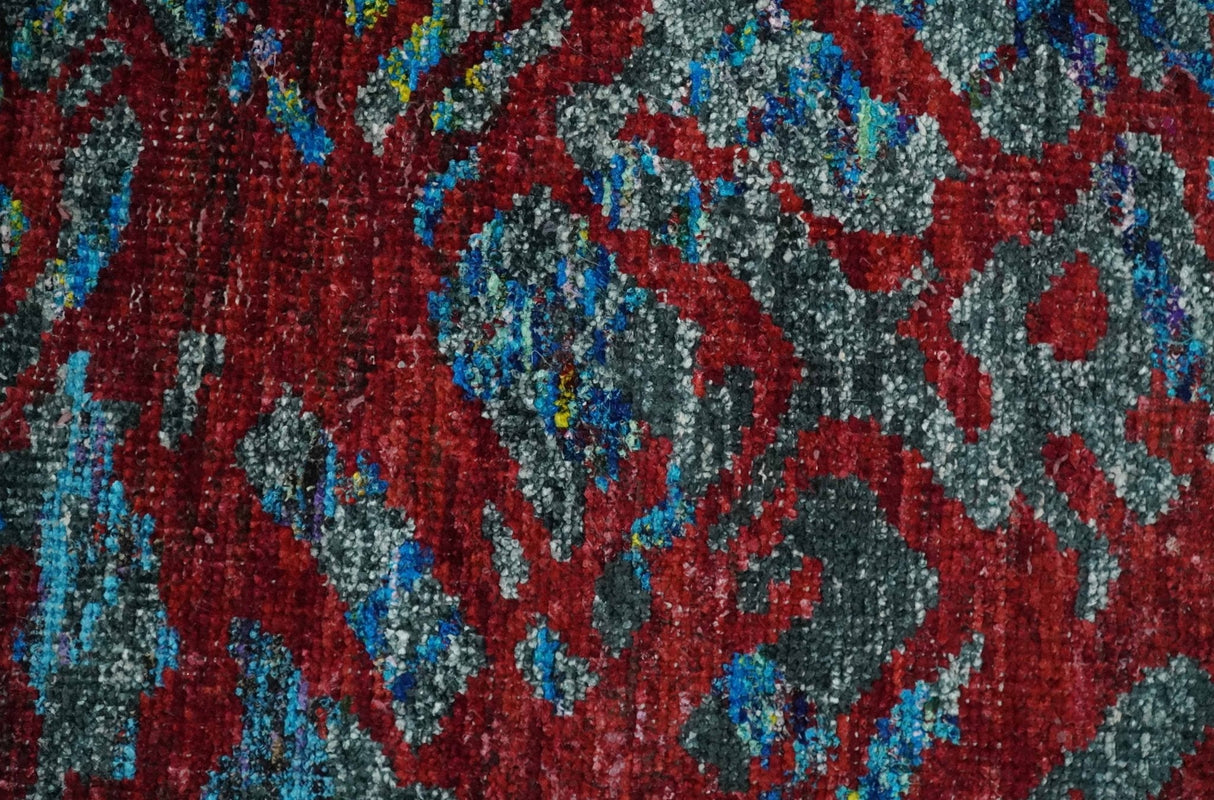 5x8 Hand Knotted Maroon, Gray and Blue Modern Abstract Recycled Silk Area Rug