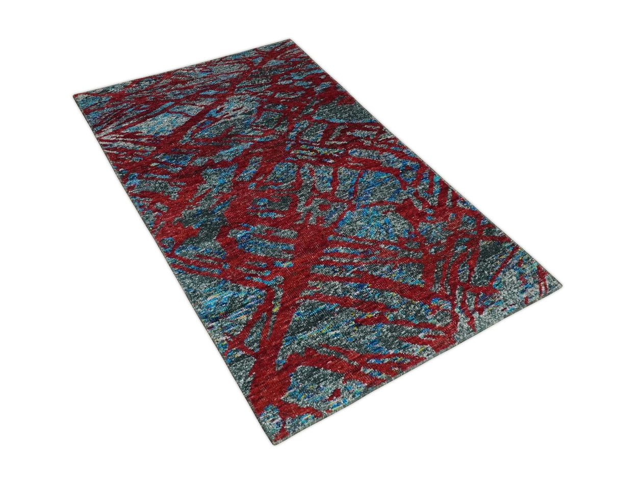 5x8 Hand Knotted Maroon, Gray and Blue Modern Abstract Recycled Silk Area Rug