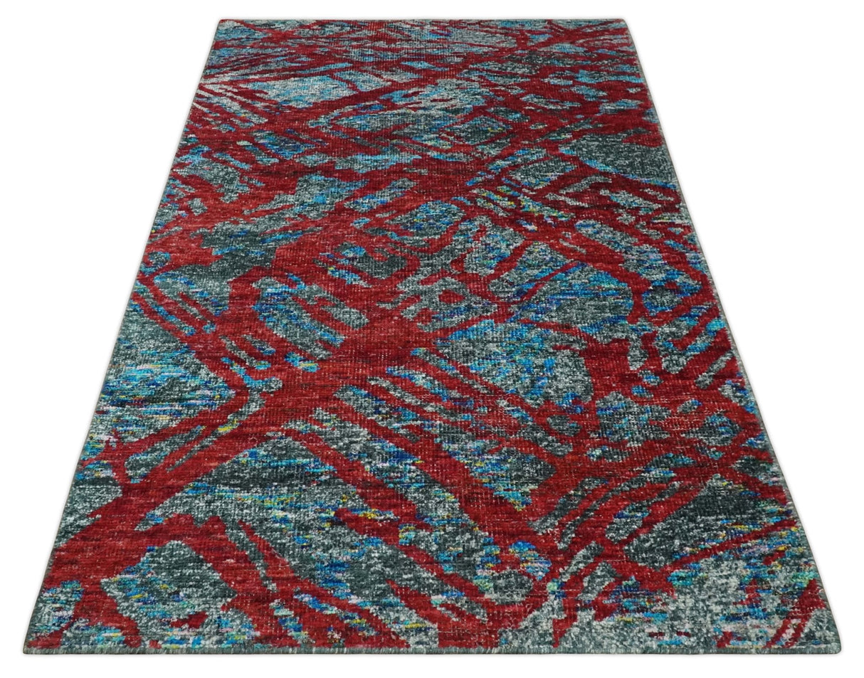 5x8 Hand Knotted Maroon, Gray and Blue Modern Abstract Recycled Silk Area Rug