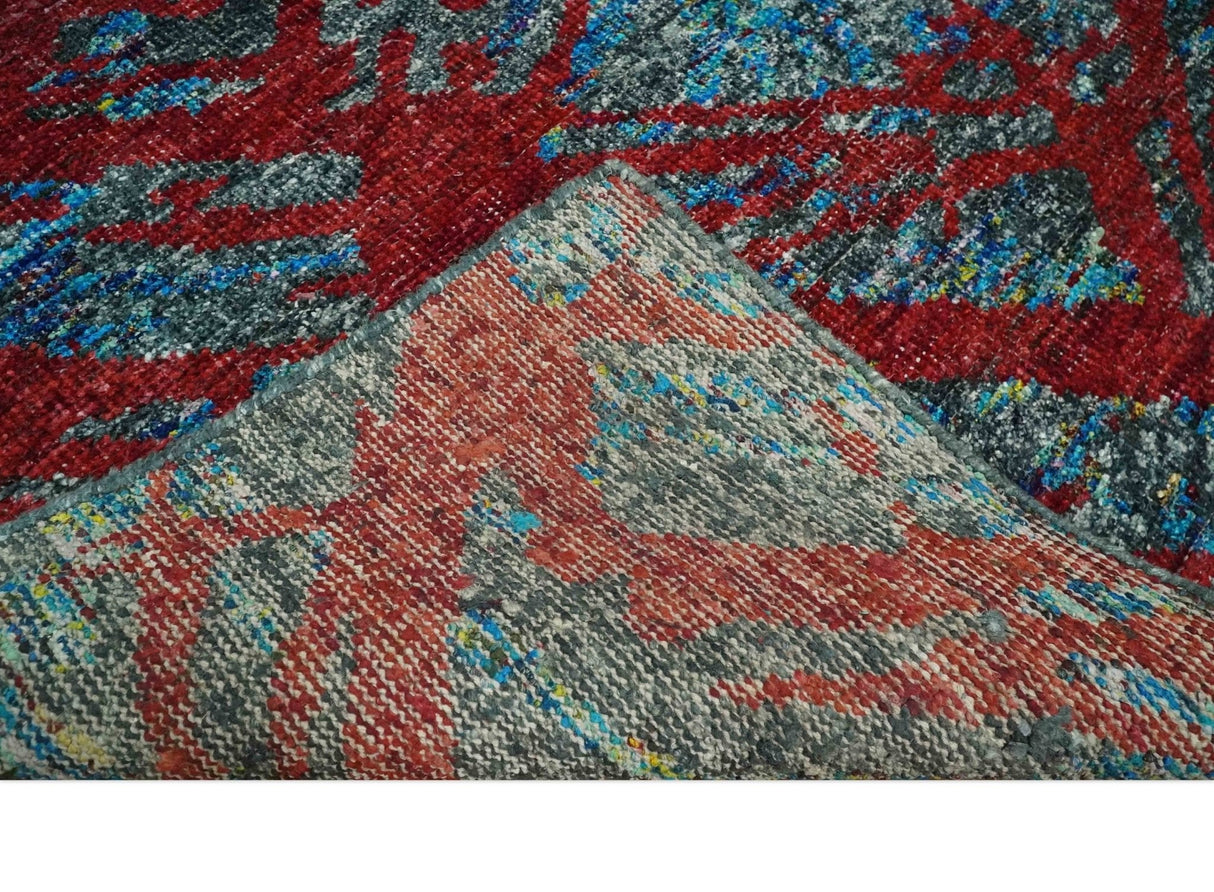 5x8 Hand Knotted Maroon, Gray and Blue Modern Abstract Recycled Silk Area Rug