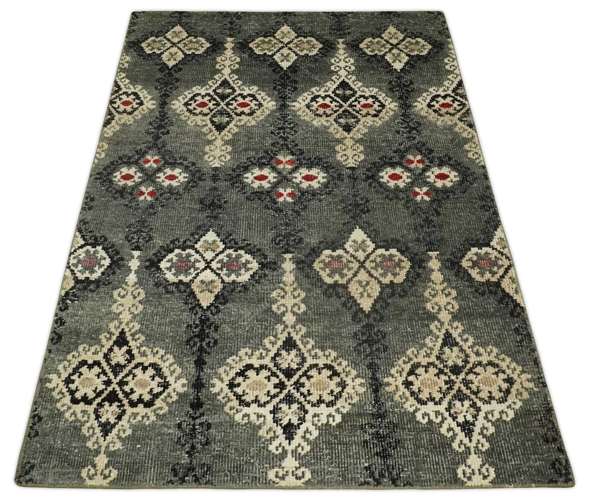 5x8 Hand Knotted Moss Green, Beige and Black Antique Persian Style Recycled Silk Area Rug
