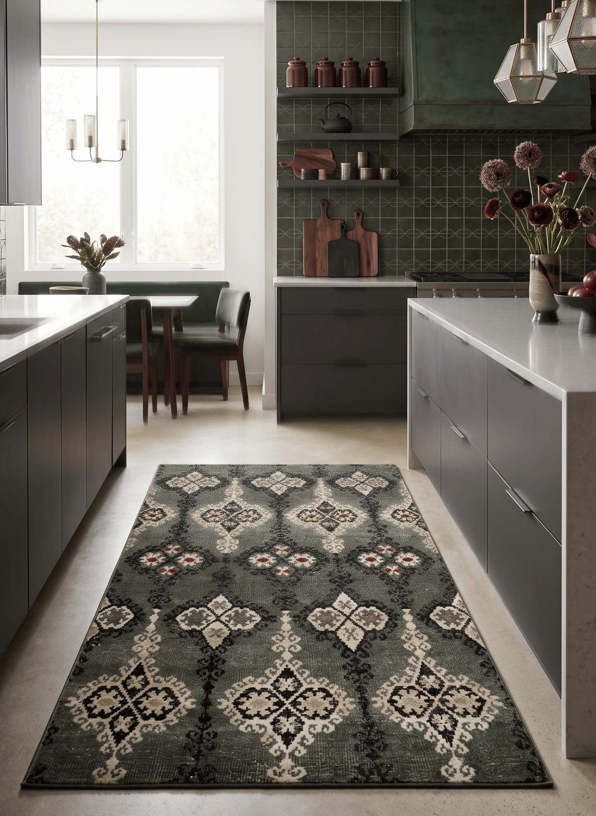 5x8 Hand Knotted Moss Green, Beige and Black Antique Persian Style Recycled Silk Area Rug