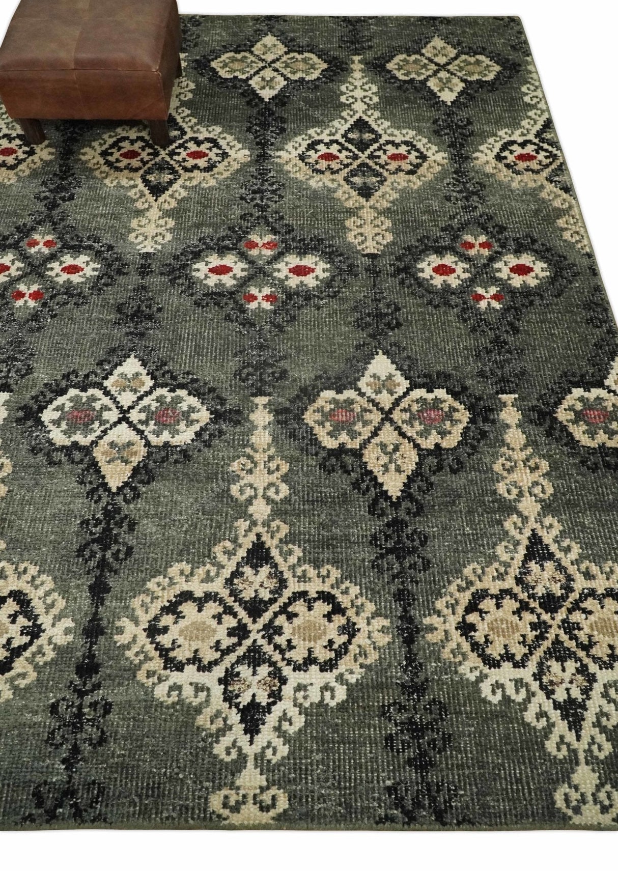 5x8 Hand Knotted Moss Green, Beige and Black Antique Persian Style Recycled Silk Area Rug