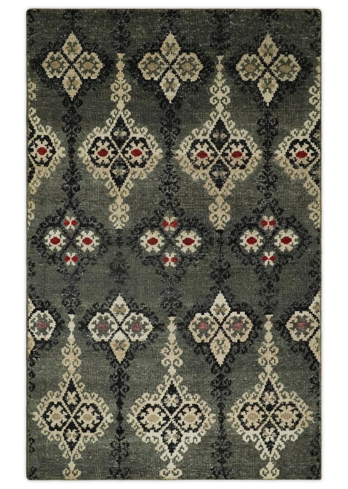 5x8 Hand Knotted Moss Green, Beige and Black Antique Persian Style Recycled Silk Area Rug
