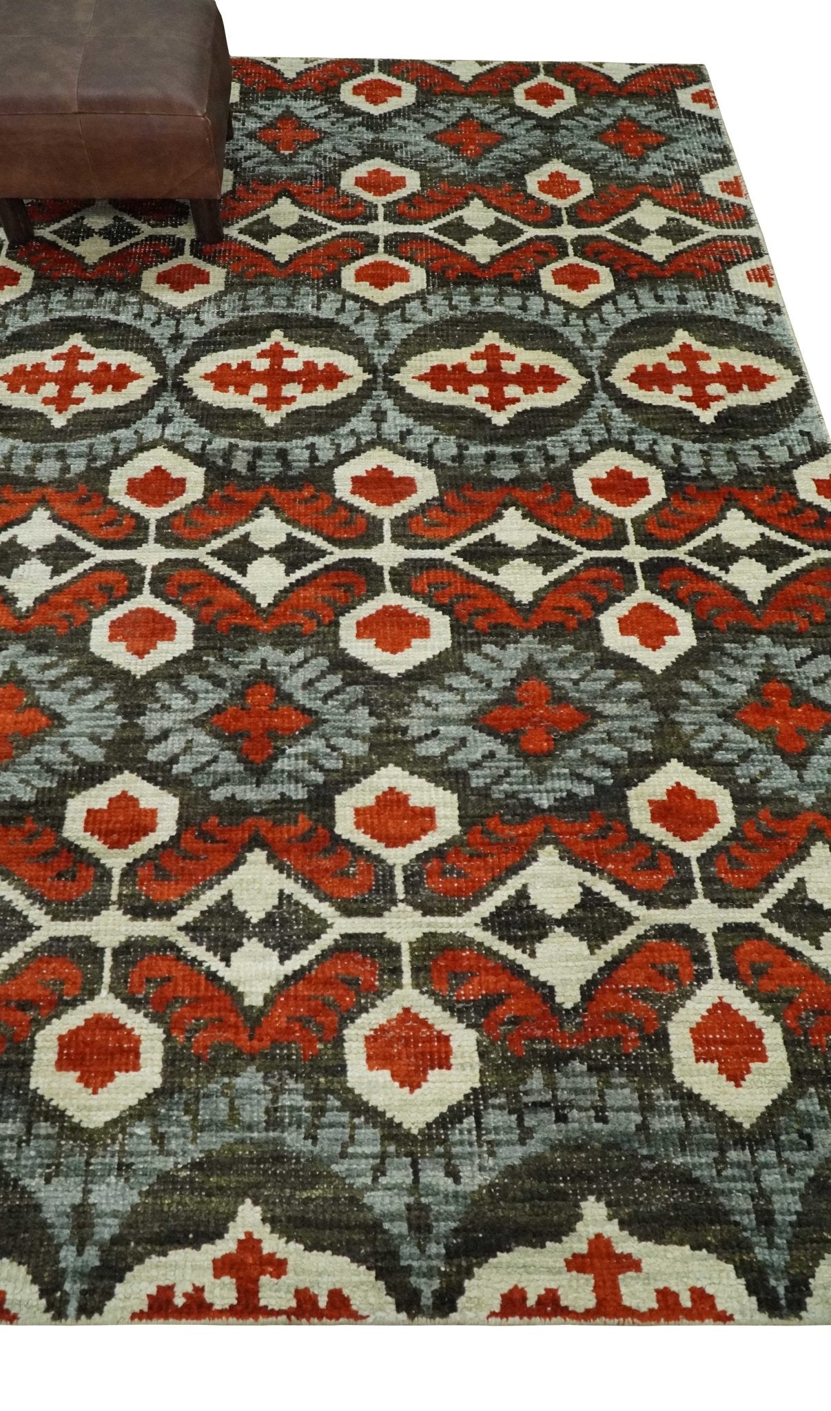 5x8 Hand Knotted Moss Green, Ivory and Rust Contemporary Recycled Silk Area Rug