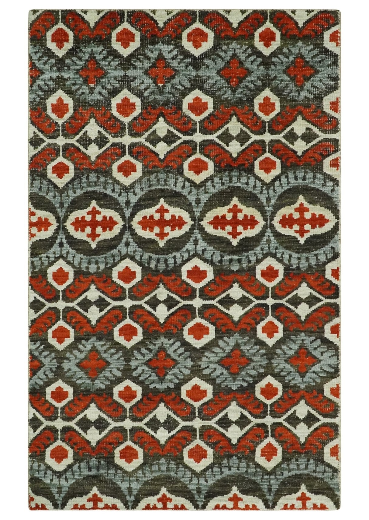 5x8 Hand Knotted Moss Green, Ivory and Rust Contemporary Recycled Silk Area Rug