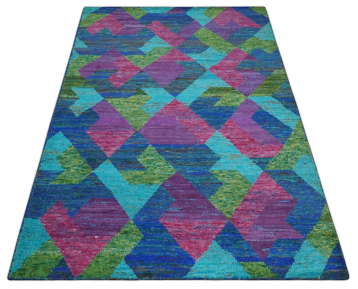 5x8 Hand Knotted Multicolor Modern Geometric Recycled Silk Area Rug