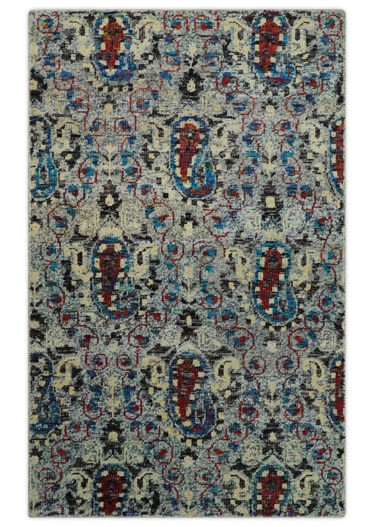 5x8 Hand Knotted Persian Style Ivory And Silver Recycled Silk Area Rug