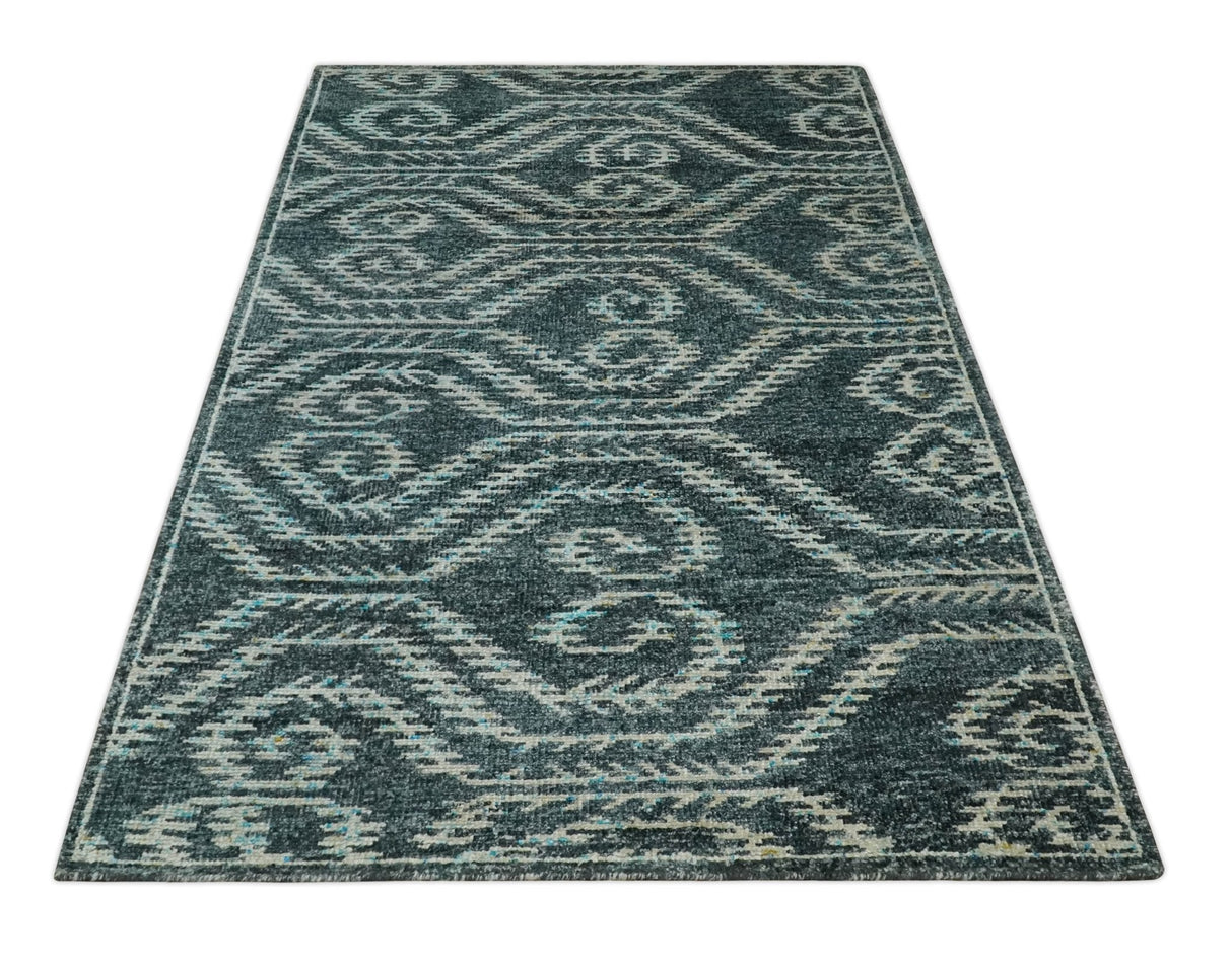 5x8 Hand Knotted Teal and Ivory Modern Contemporary Recycled Silk Area Rug