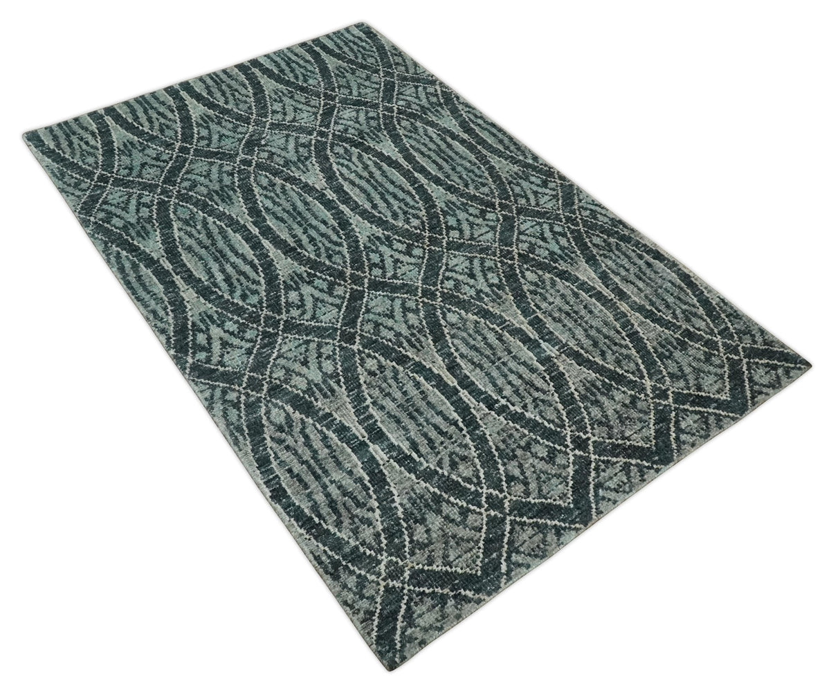 5x8 Hand Knotted Teal, Ivory and Blue Modern Style Recycled Silk Area Rug