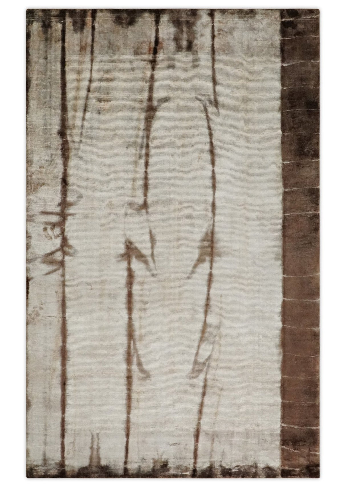 5x8 Hand Woven and Carved Silver and Brown Floral Art Silk Rug | KNT3-Area Rug-Parc Decor