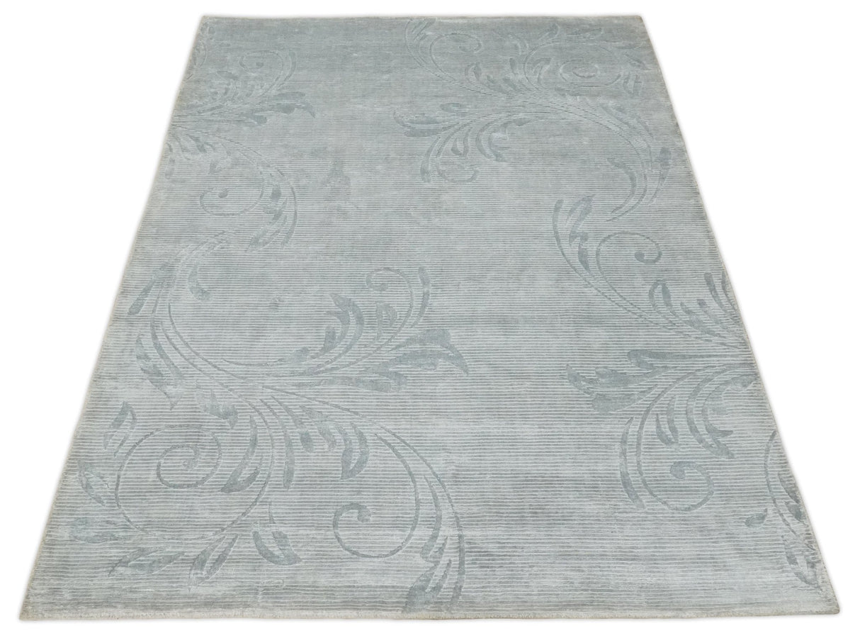 5x8 Hand Woven and hand carved Carved Silver and Gray Floral Art Silk Rug | KNT9-Area Rug-Parc Decor