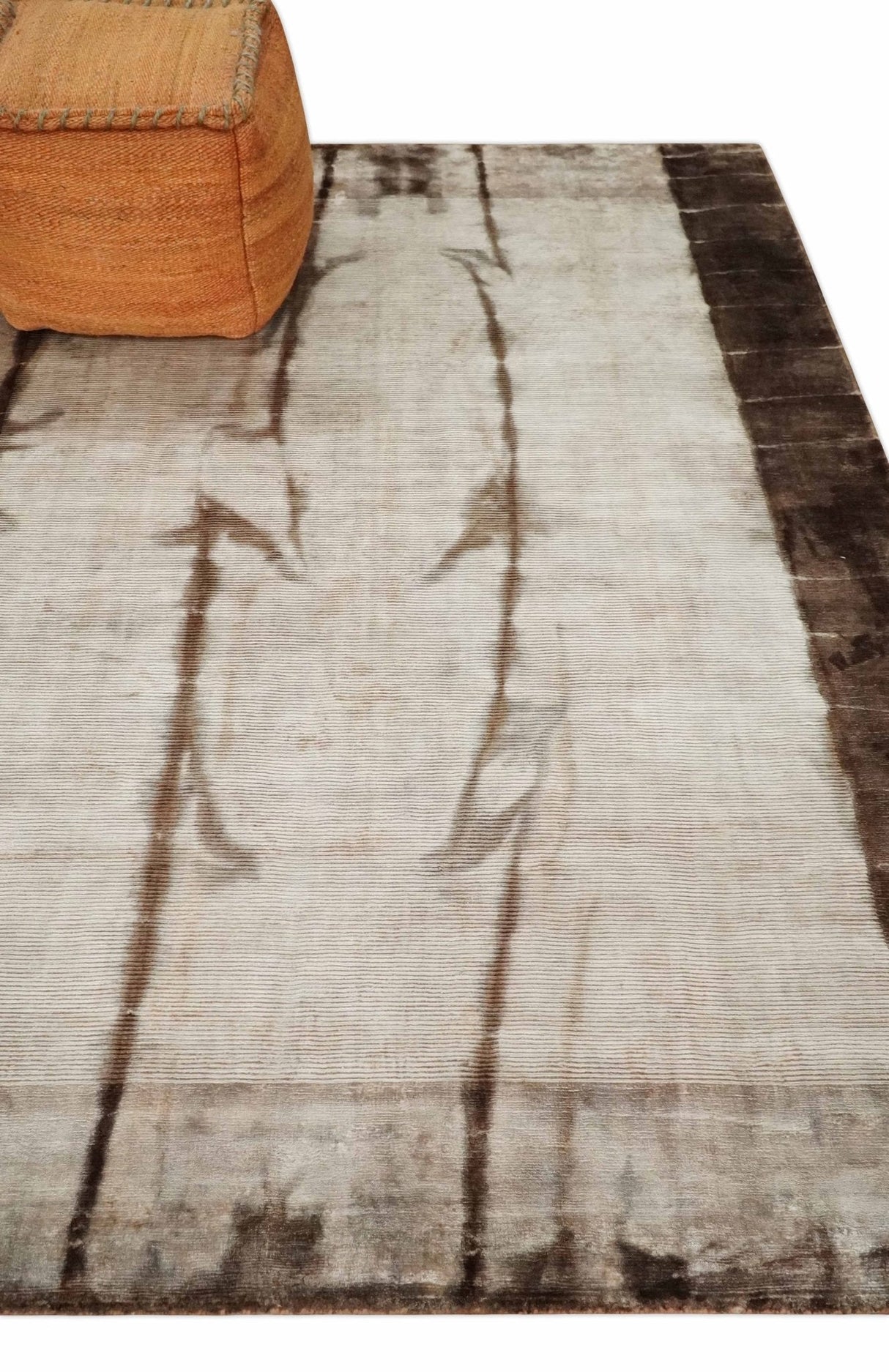 5x8 Hand Woven Beige and Brown Modern Floral Art Silk Rug