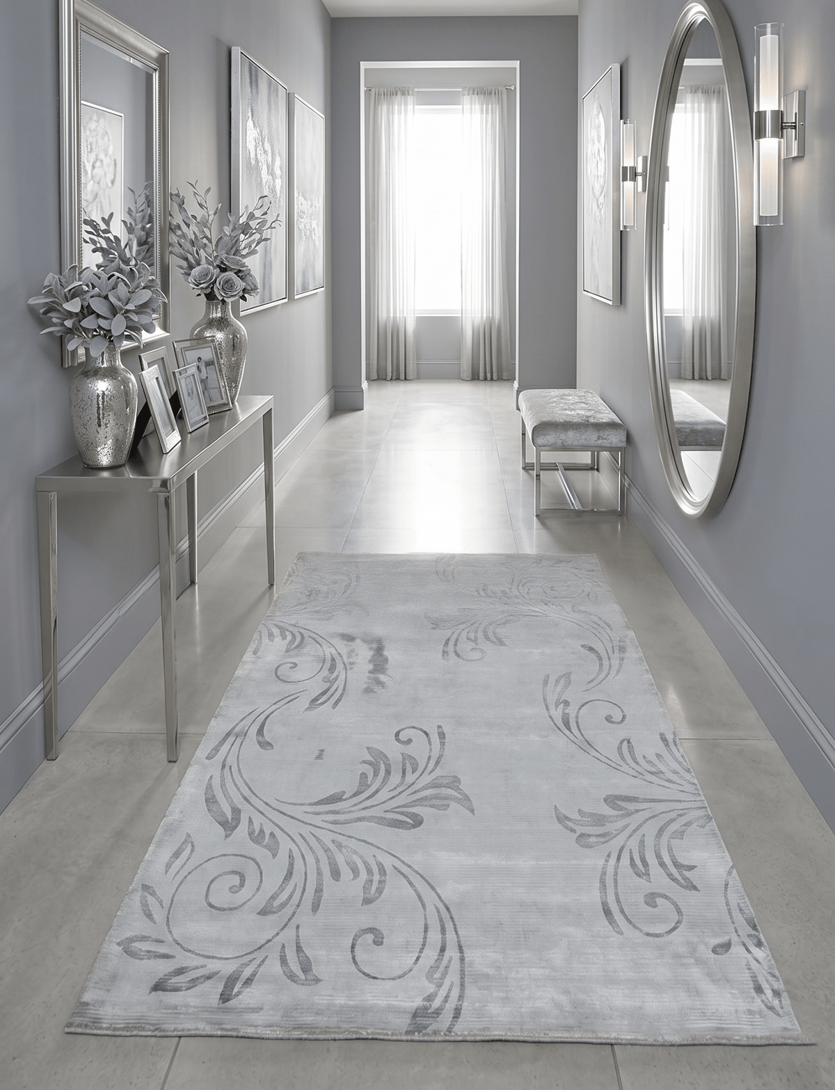 5x8 Hand Woven Silver and Gray Modern Floral Art Silk Rug