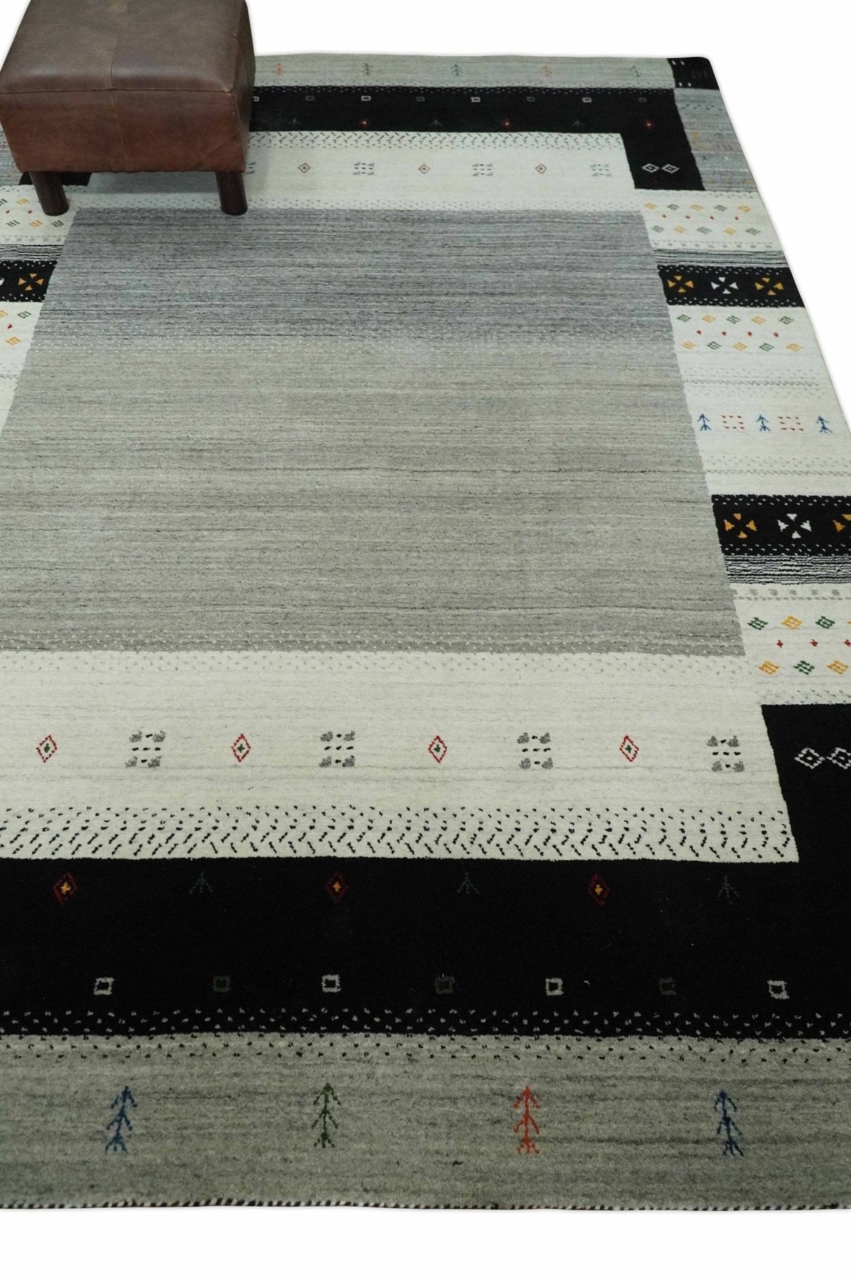 5x8 Ivory and Black Striped Wool Hand Woven Southwestern Gabbeh Rug
