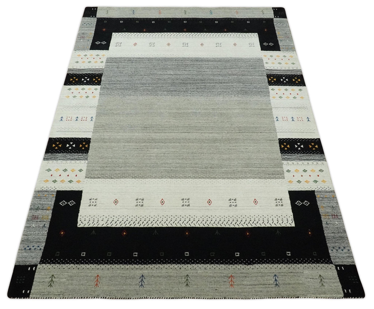 5x8 Ivory and Black Striped Wool Hand Woven Southwestern Gabbeh Rug