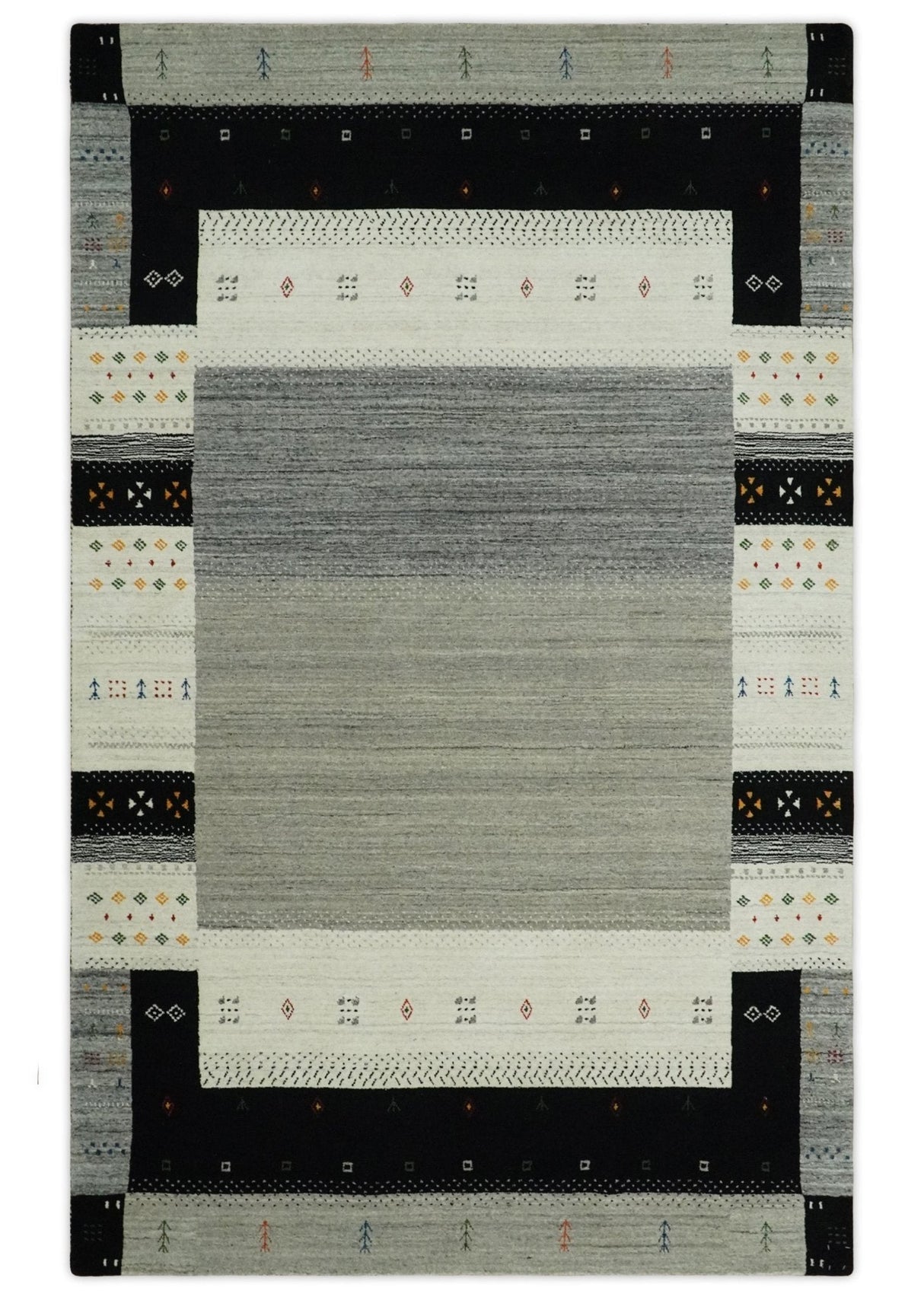 5x8 Ivory and Black Striped Wool Hand Woven Southwestern Gabbeh Rug