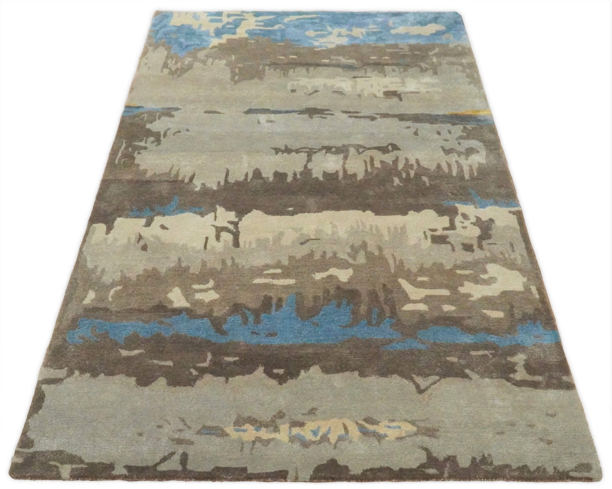 5x8 Modern Abstract Handmade Brown and Blue fine Wool art silk Area Rug-Area Rug-Parc Decor