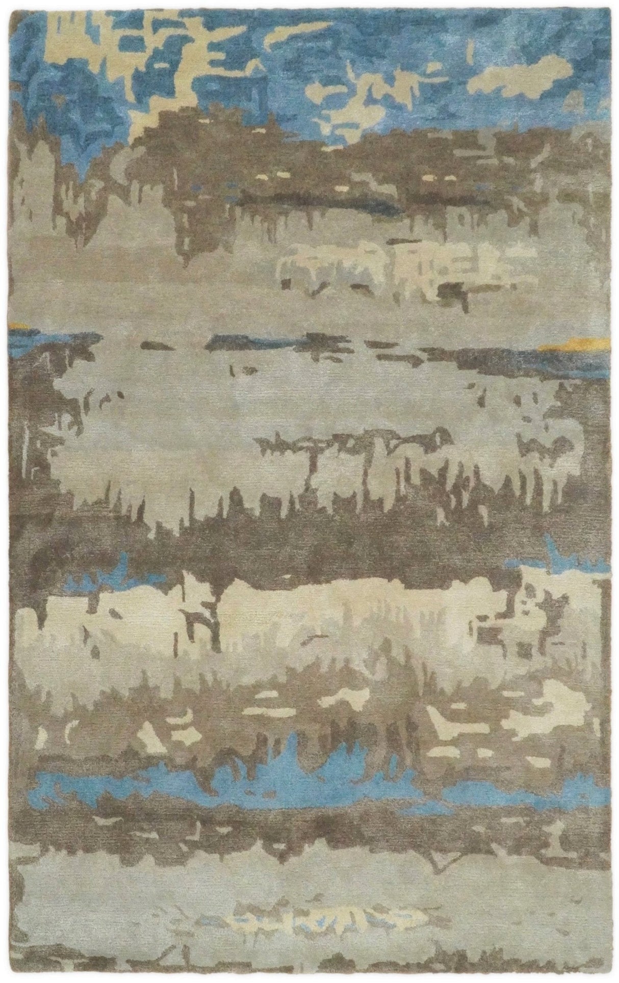 5x8 Modern Abstract Handmade Brown and Blue fine Wool art silk Area Rug-Area Rug-Parc Decor