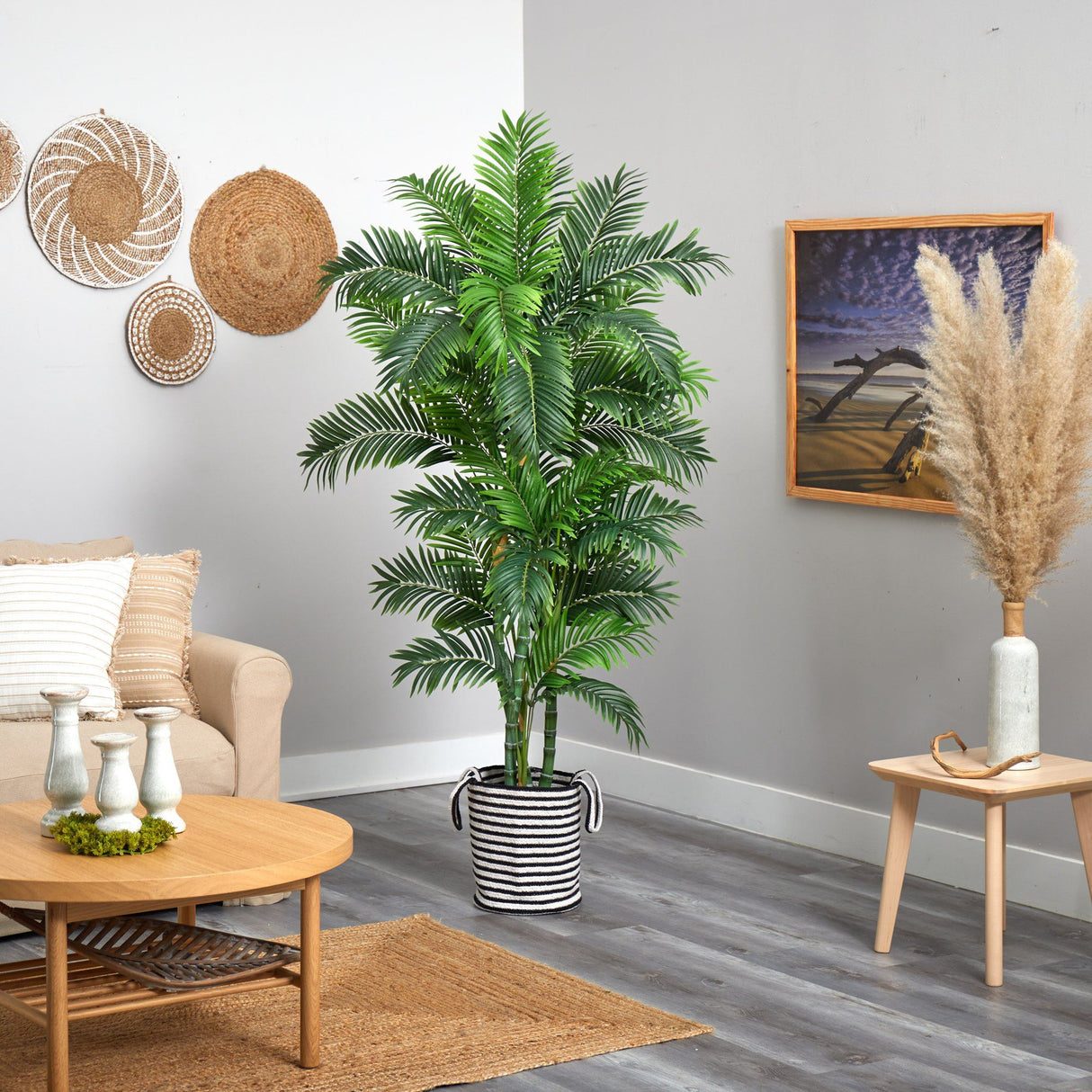 6’ Curvy Parlor Artificial Palm Tree in Handmade Black and White Natural Jute and Cotton Planter-Parc Decor