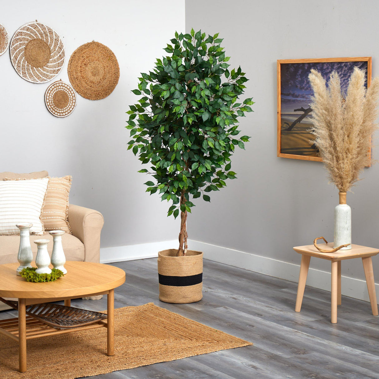 6’ Ficus Artificial Tree with Natural Trunk in Handmade Natural Cotton Planter-Parc Decor