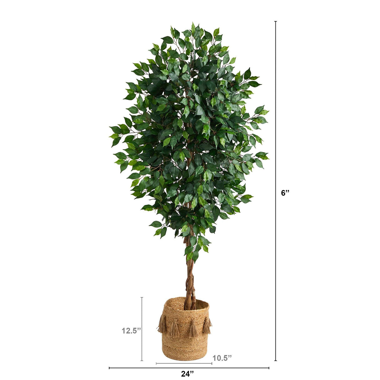 6’ Ficus Artificial Tree with Natural Trunk in Handmade Natural Jute Planter with Tassels-Parc Decor