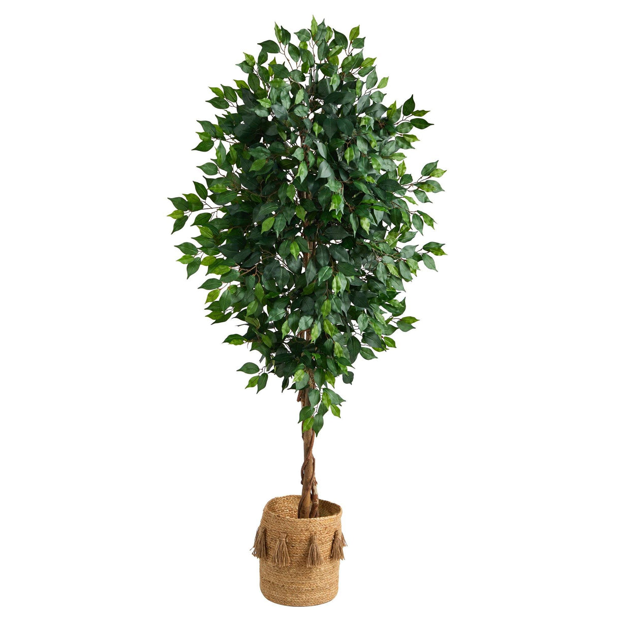 6’ Ficus Artificial Tree with Natural Trunk in Handmade Natural Jute Planter with Tassels-Parc Decor