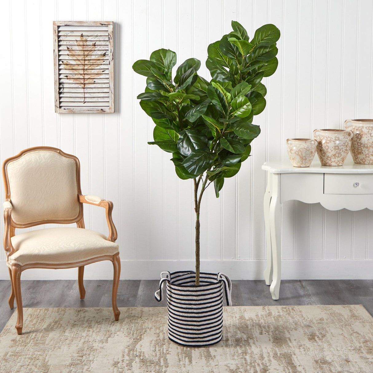 6’ Fiddle Leaf Fig Artificial Tree in Handmade Black and White Natural Jute and Cotton Planter-Parc Decor