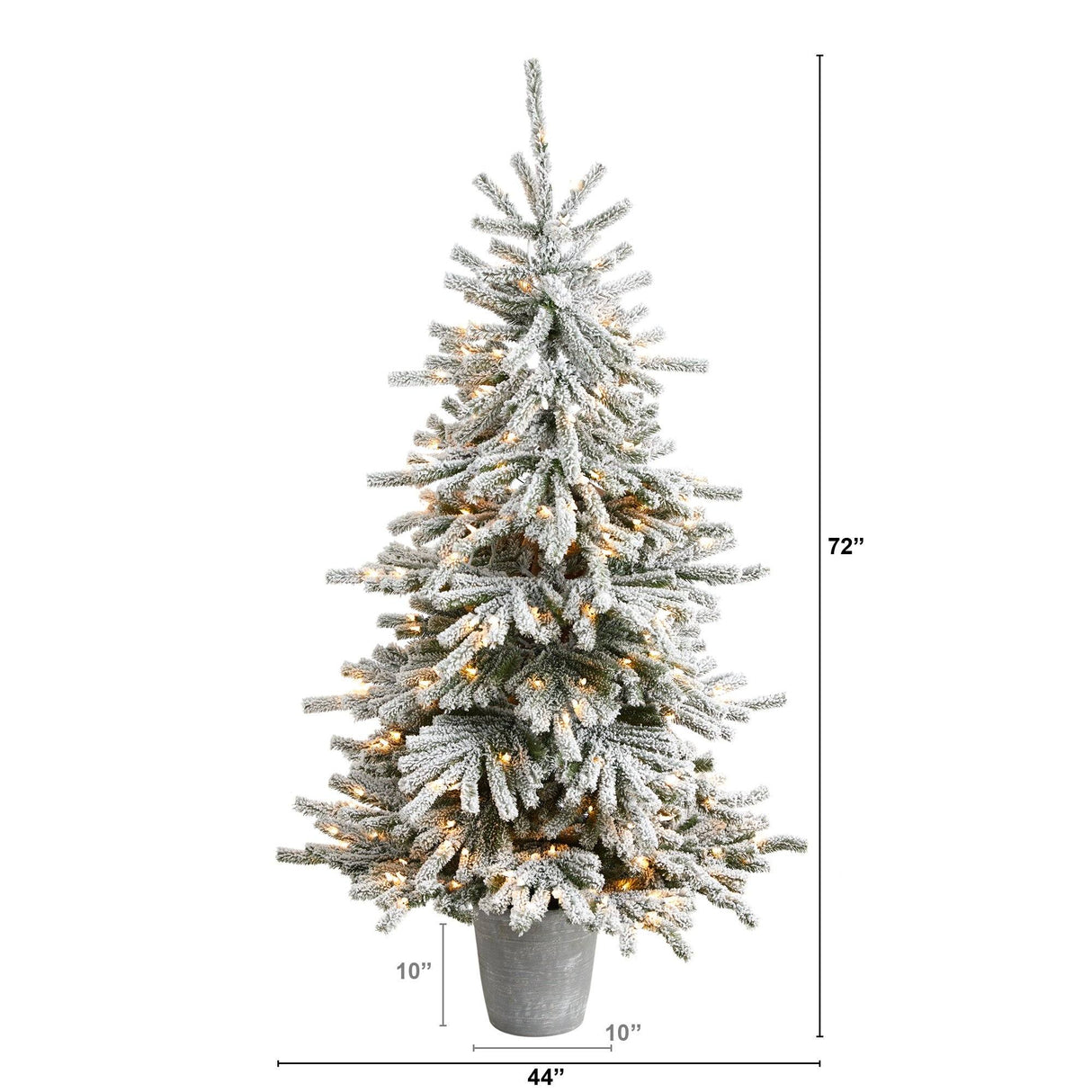 6’ Flocked Long Vermont Pine Tree with 758 Branches and 250 LED Lights in Decorative Planter-Parc Decor