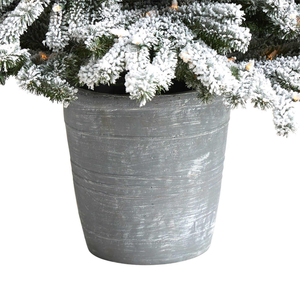 6’ Flocked Long Vermont Pine Tree with 758 Branches and 250 LED Lights in Decorative Planter-Parc Decor