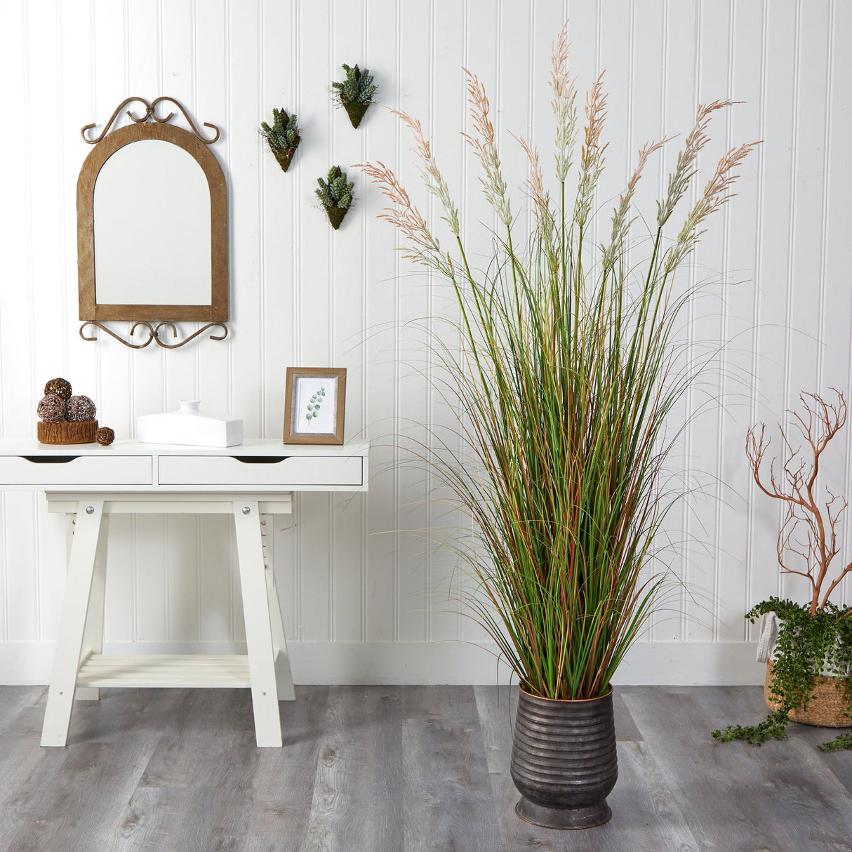 6’ Grass Artificial Plant in Ribbed Metal Planter-Parc Decor