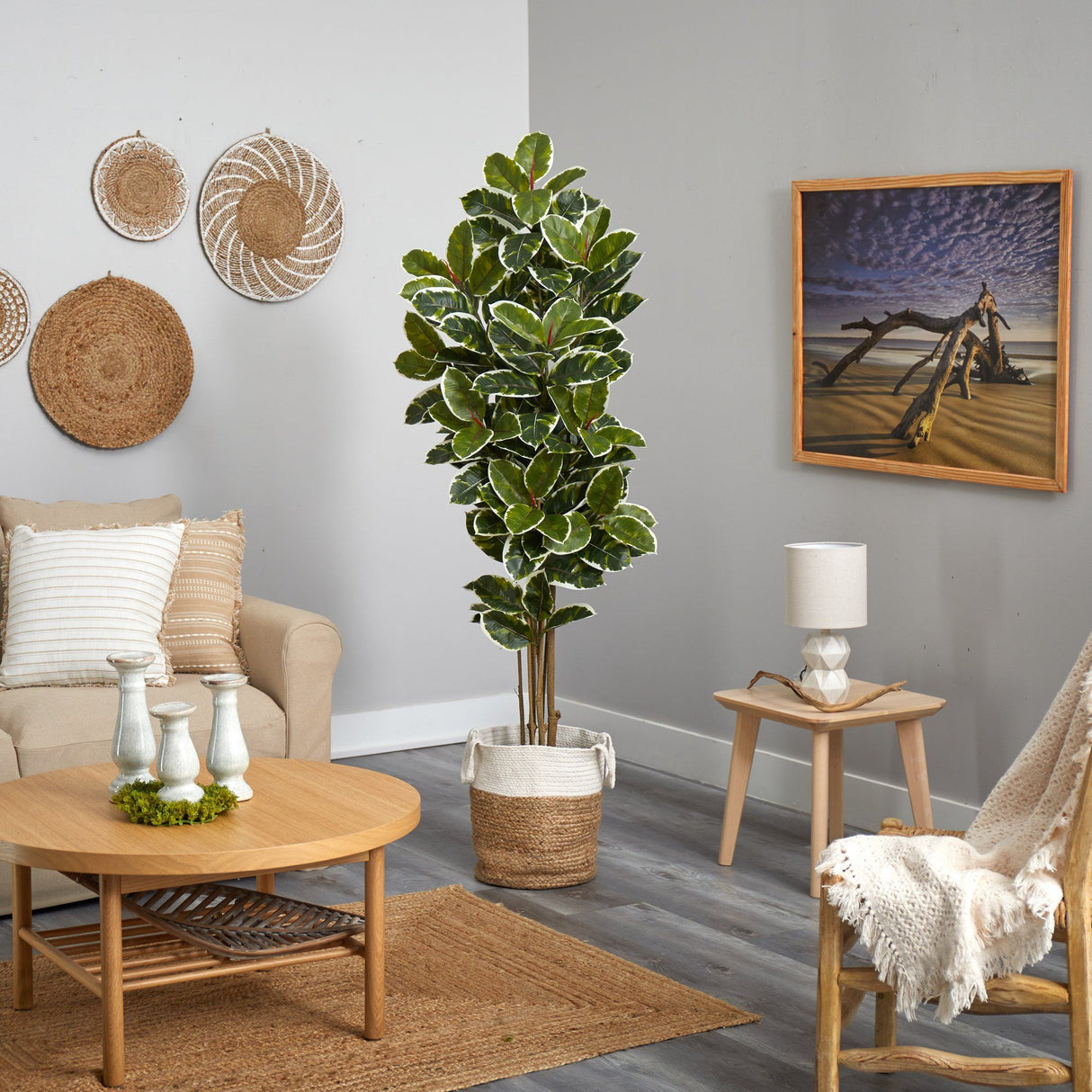 6’ Oak Artificial Tree in Handmade Natural Jute and Cotton Planter UV Resistant (Indoor/Outdoor)-Parc Decor