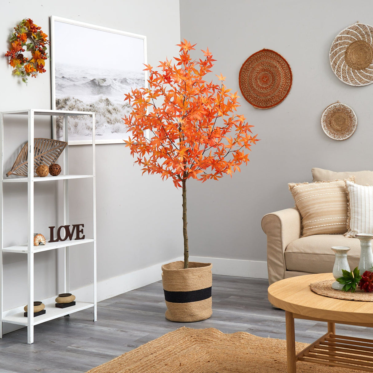 6' Artificial Autumn Maple Tree with Handmade Jute & Cotton Basket-Plant in Planter-Parc Decor