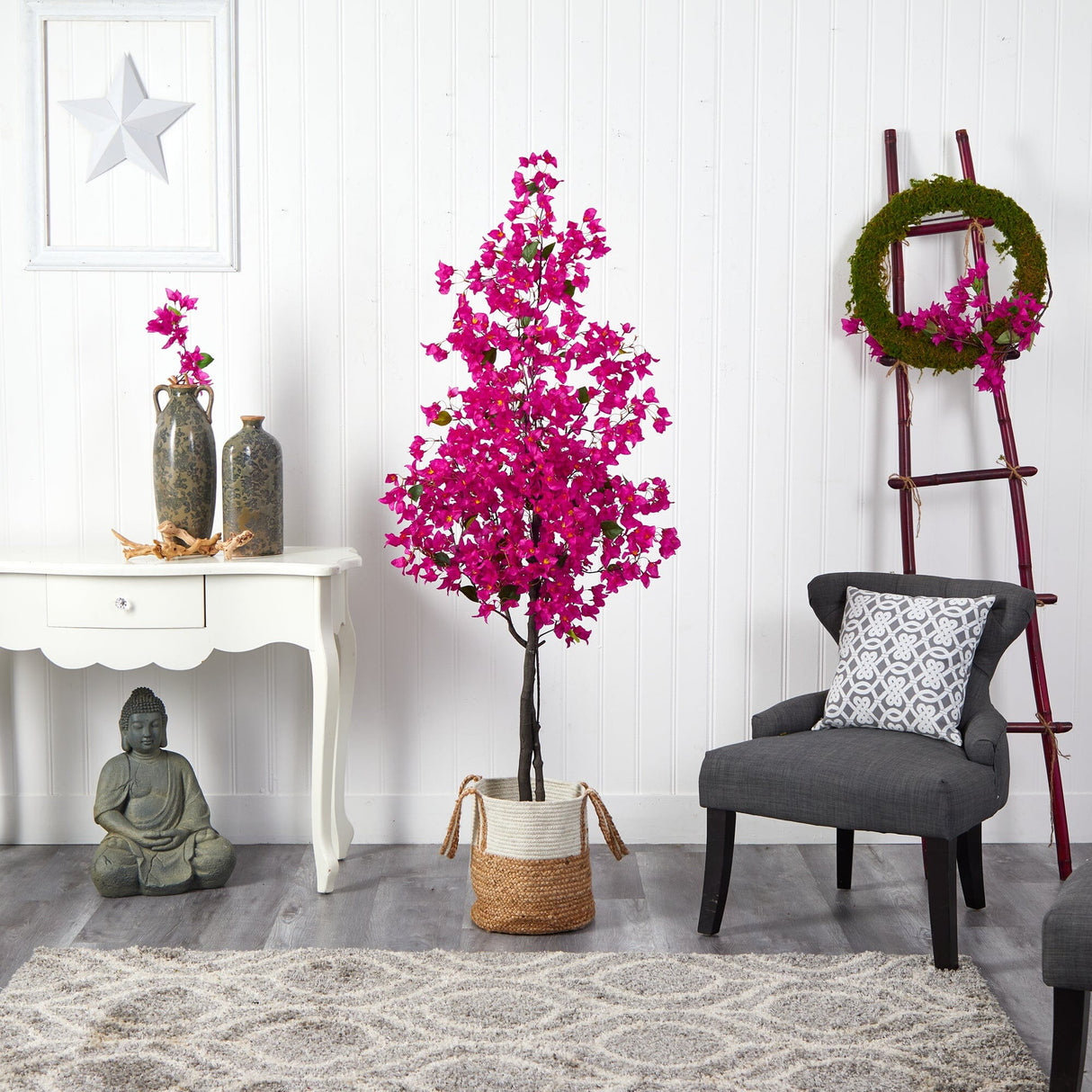 6’ Artificial Bougainvillea Tree with Handmade Jute & Cotton Basket-Plant in Planter-Parc Decor