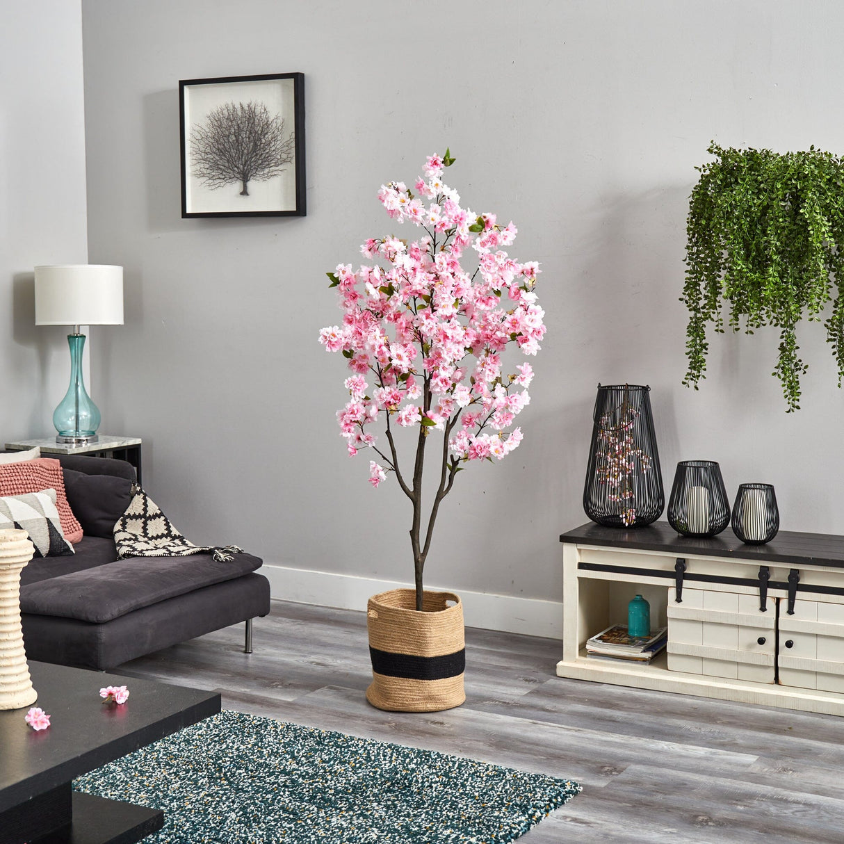 6’ Artificial Cherry Blossom Tree with Handmade Jute & Cotton Basket-Plant in Planter-Parc Decor