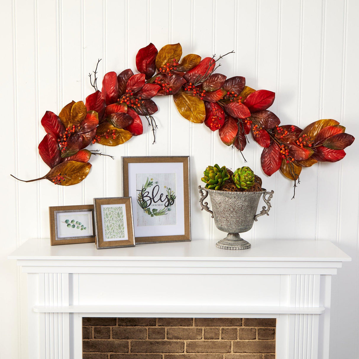 6’ Autumn Magnolia Leaf with Berries Artificial Garland-Garland-Parc Decor