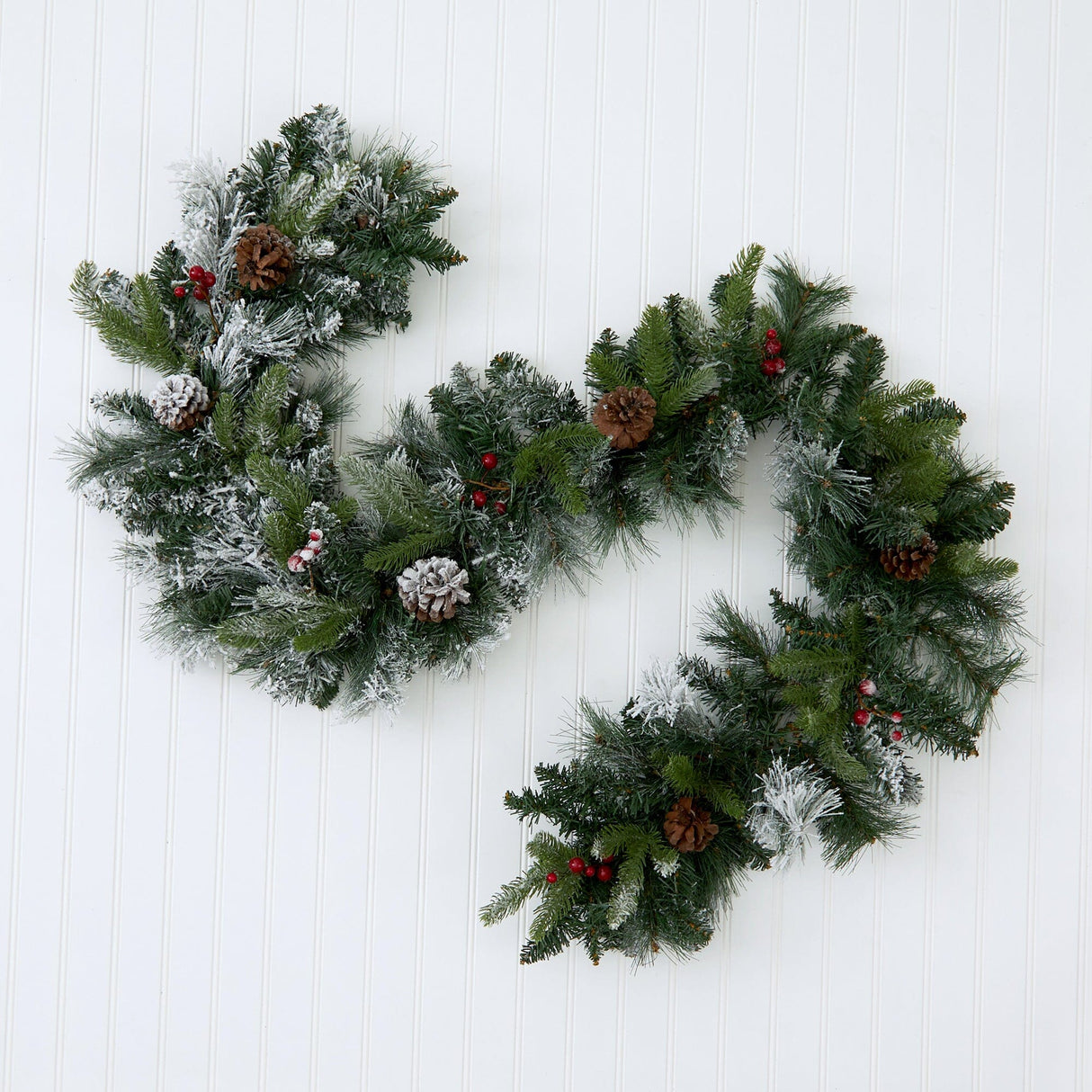 6’ Flocked Mixed Pine Artificial Christmas Garland with 50 LED Lights, Pine Cones and Berries-Garland-Parc Decor
