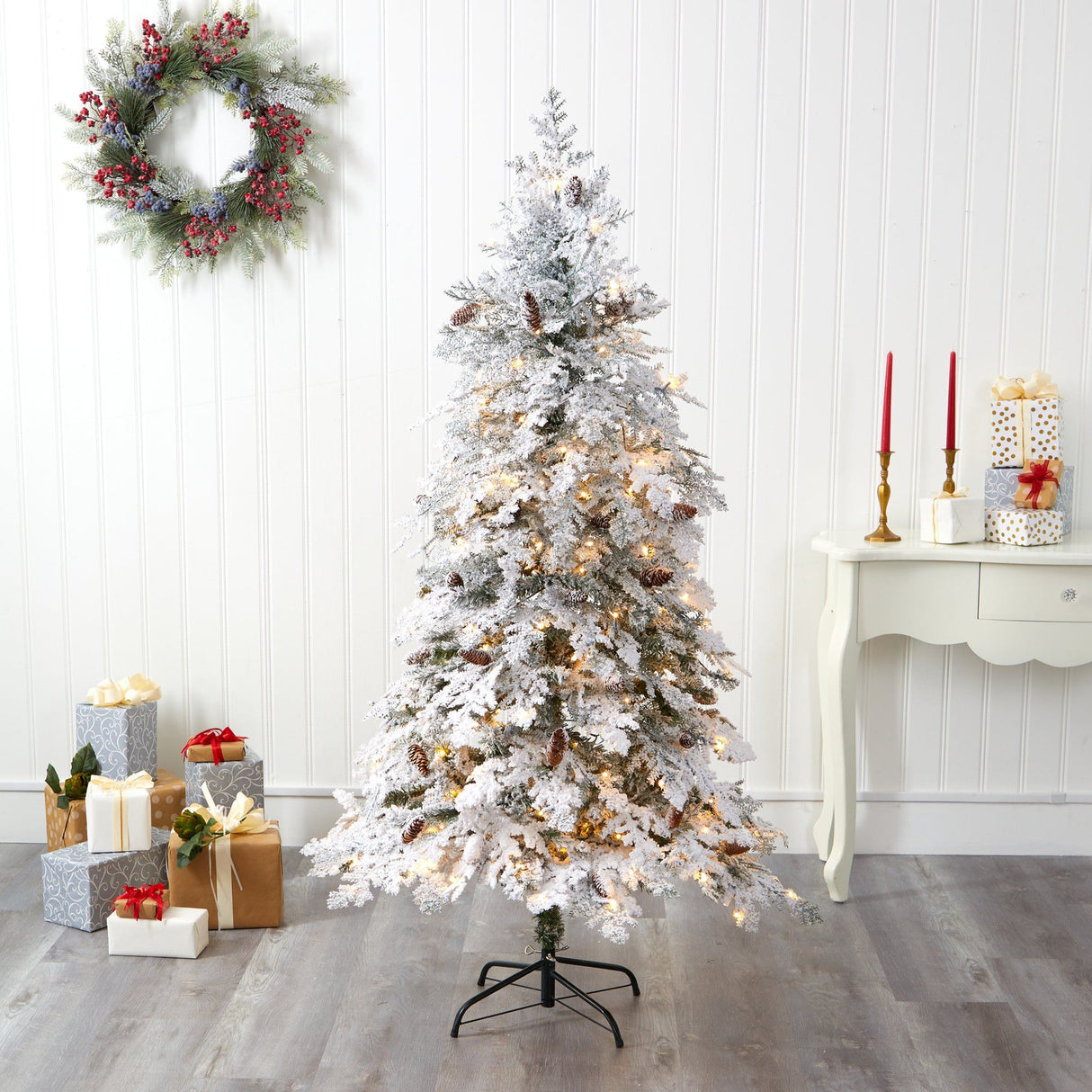 6' Flocked Montana Down Swept Spruce Artificial Christmas Tree with 250 Clear LED Lights-Christmas Tree-Parc Decor