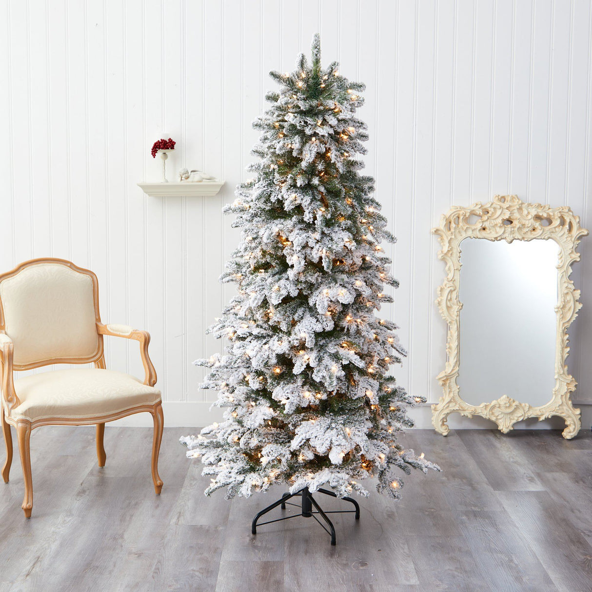 6’ Flocked North Carolina Fir Artificial Christmas Tree with 450 Warm White Lights and 1560 Bendable Branches-Christmas Tree-Parc Decor