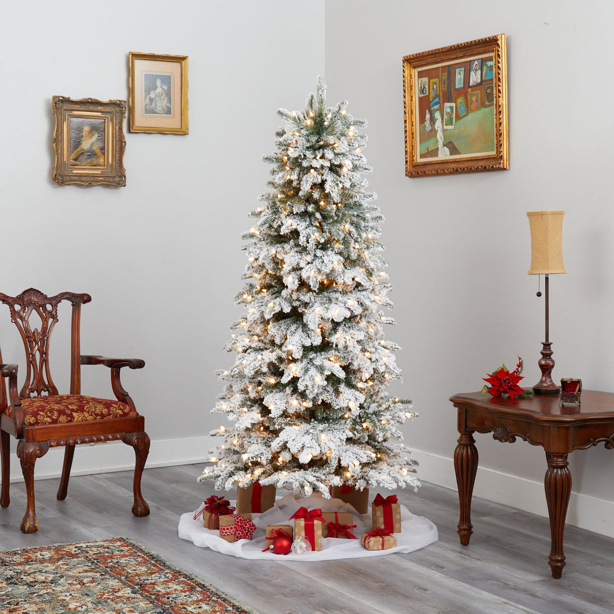 6’ Flocked North Carolina Fir Artificial Christmas Tree with 450 Warm White Lights and 1560 Bendable Branches-Christmas Tree-Parc Decor