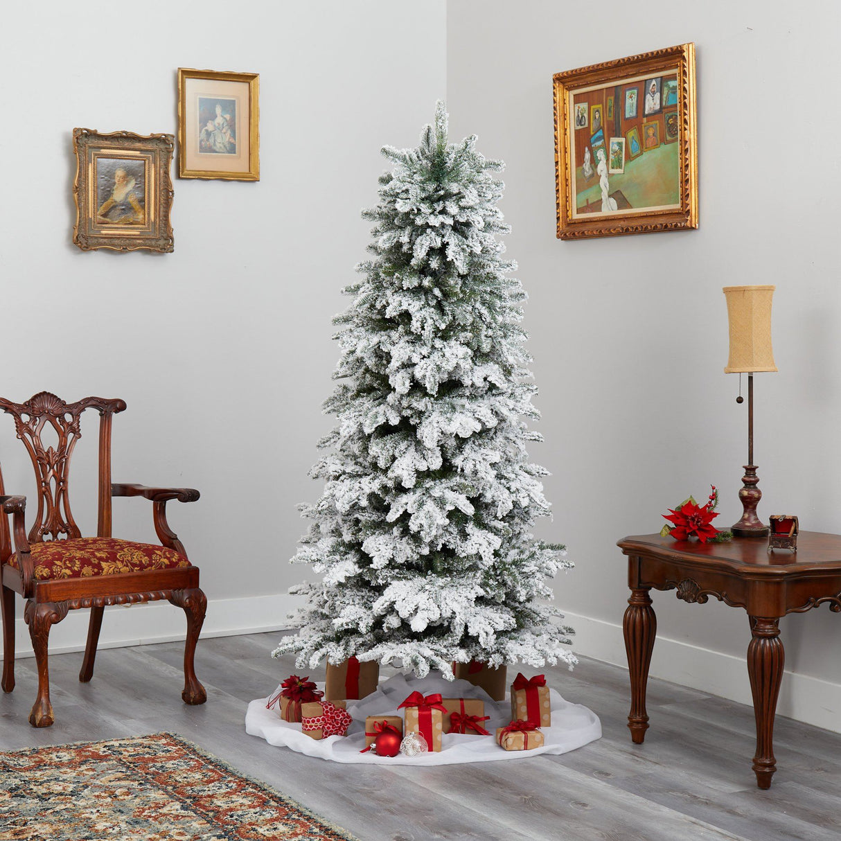 6’ Flocked North Carolina Fir Artificial Christmas Tree with 450 Warm White Lights and 1560 Bendable Branches-Christmas Tree-Parc Decor