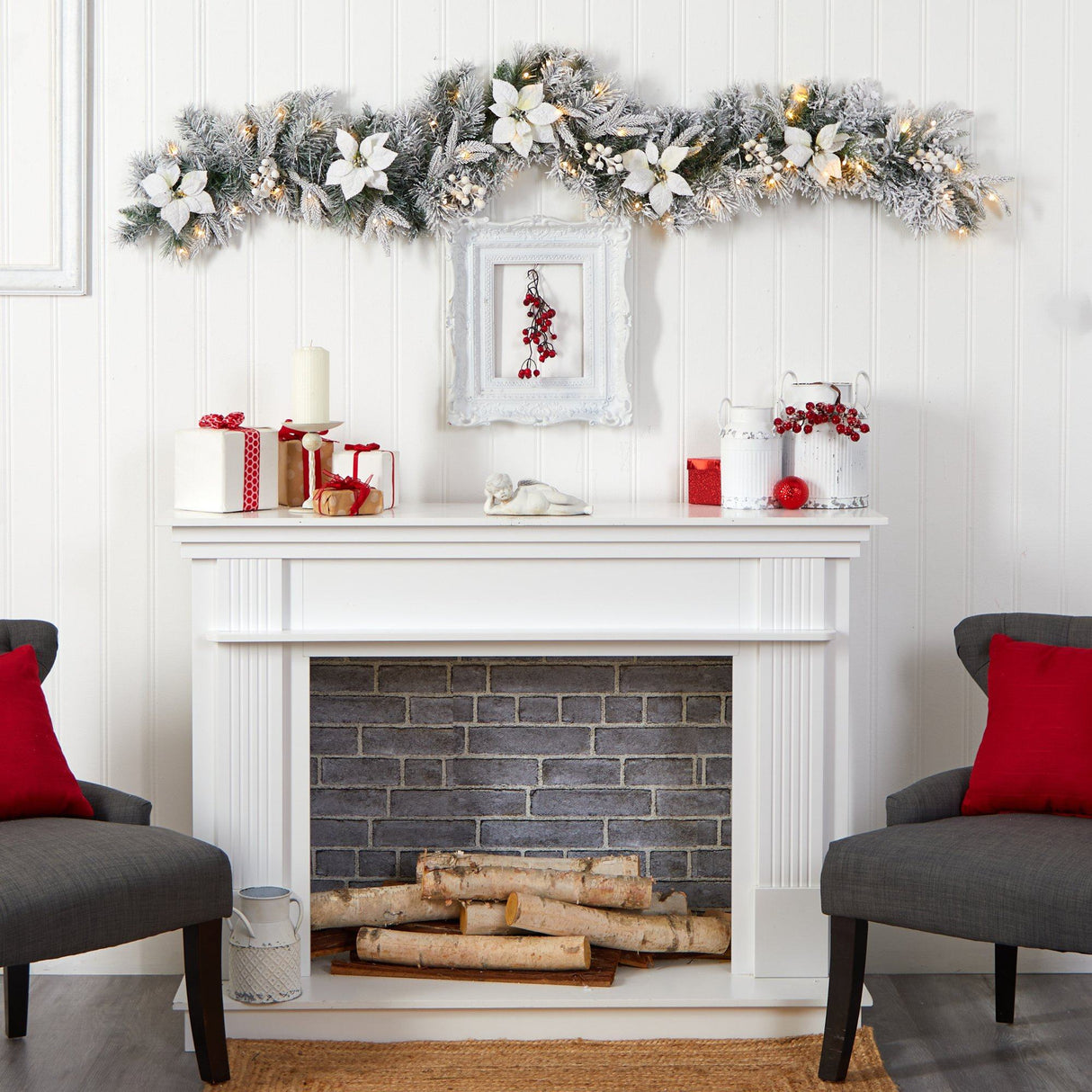 6’ Flocked Poinsettia and Berry Artificial Christmas Garland with 50 Warm White LED Lights-Garland-Parc Decor