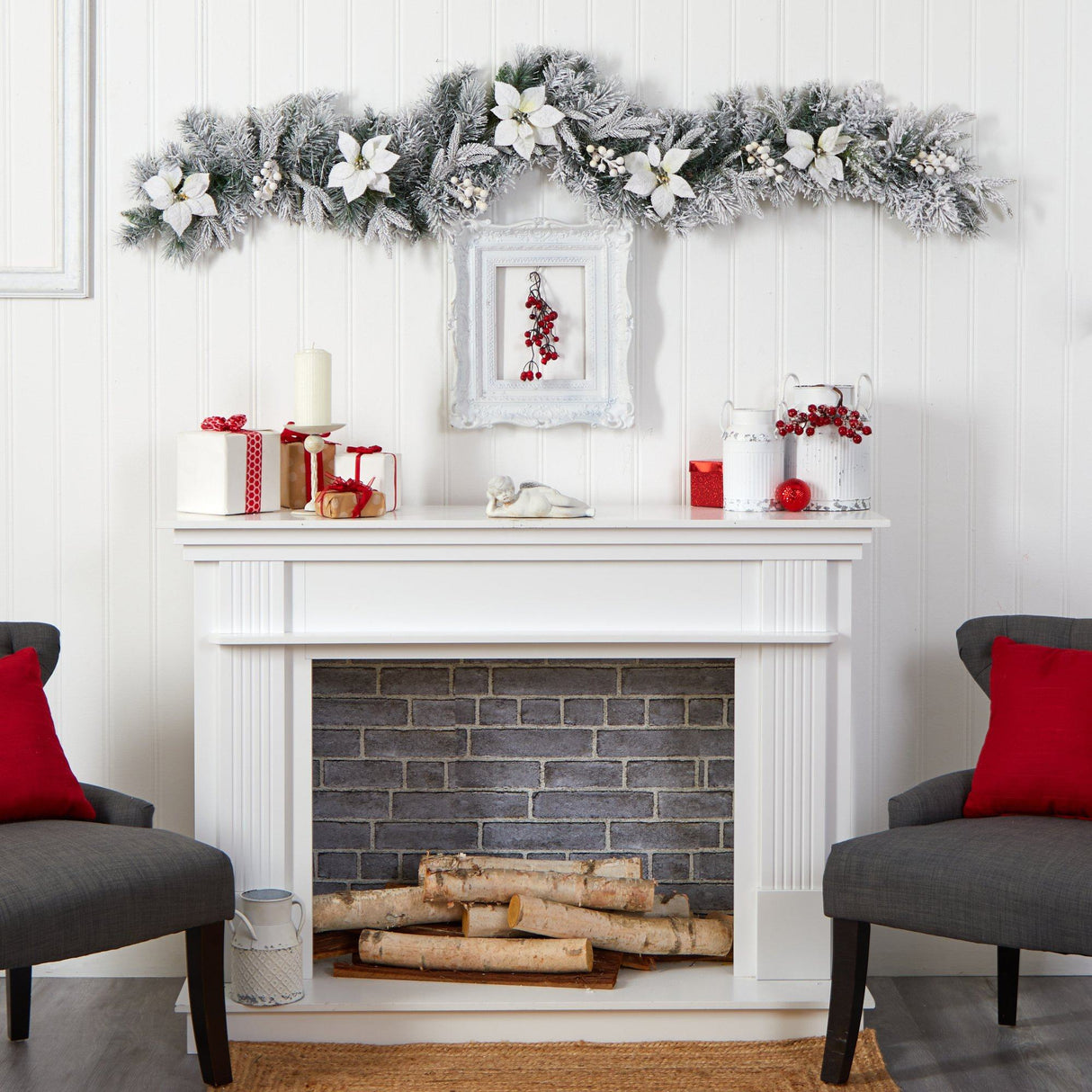 6’ Flocked Poinsettia and Berry Artificial Christmas Garland with 50 Warm White LED Lights-Garland-Parc Decor