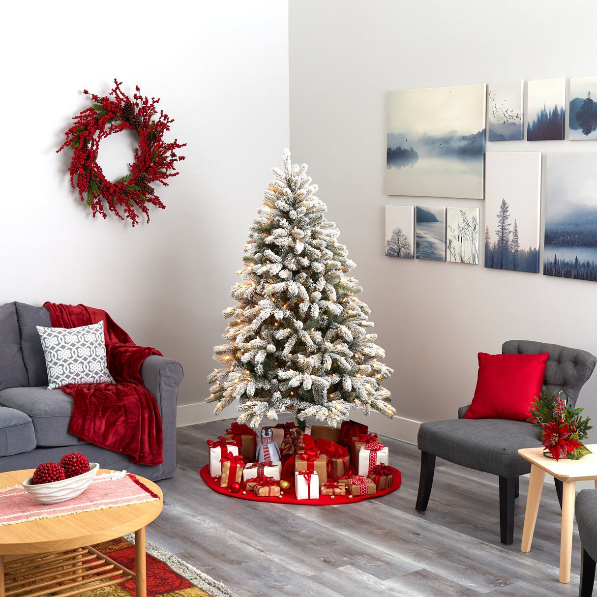 6’ Flocked South Carolina Spruce Artificial Christmas Tree with 450 Clear Lights and 925 Bendable Branches-Christmas Tree-Parc Decor