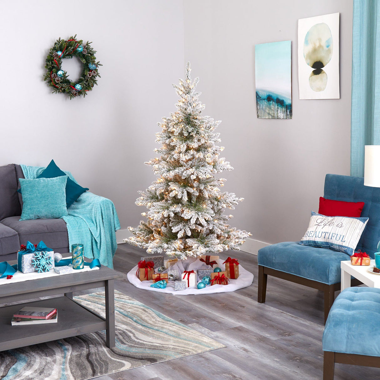 6’ Flocked West Virginia Spruce Artificial Christmas Tree with 300 Clear Lights and 850 Bendable Branches-Christmas Tree-Parc Decor